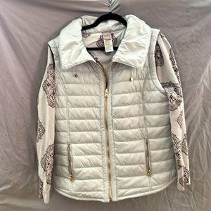 Chico’s puffer vest, grey w/ removable grey & purple/pink cotton sleeves, 12-14